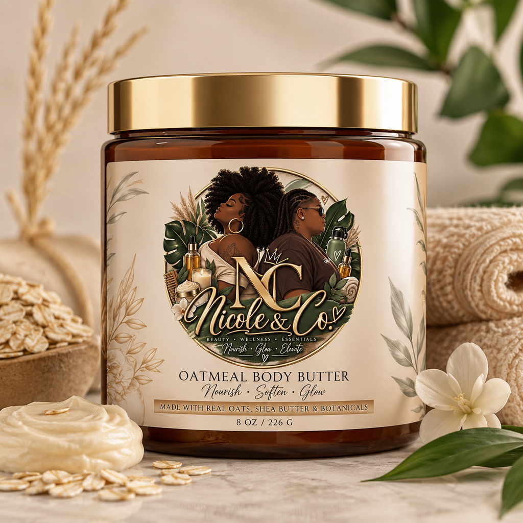 Nicole & Co. 8 oz oatmeal body butter in amber glass jar