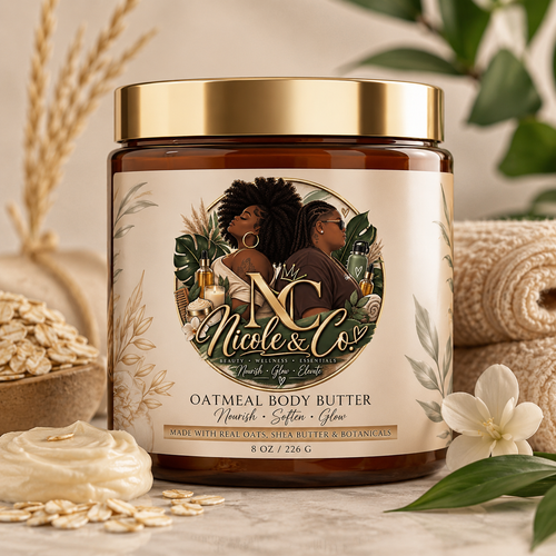 Nicole & Co. 8 oz oatmeal body butter in amber glass jar
